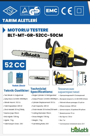 Balatlı 52cc Benzinli Motorlu Testere - Sarı - 4