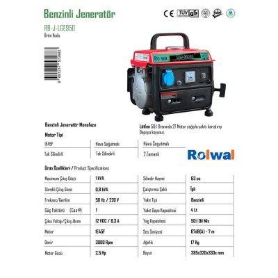 Rolwal 1 kVA Benzinli Monofaze El Tipi Çanta Jeneratör - 2