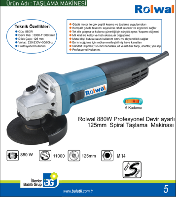 Rolwal 125mm Devir Ayarlı Avuç Taşlama Makinesi - 5