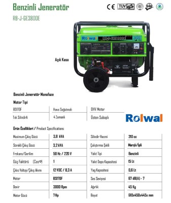 Rolwal Benzinli Jeneratör Monofaze RB-J-GE-3800E - 2