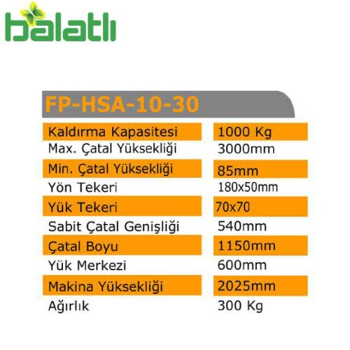 Rolwal İstif Aracı 1000 Kg 3 Mt FP-IM-HSA-10-30 - 2